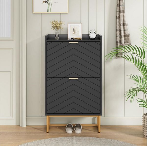 UEV Schuhschrank mit 2 Klappen, Schuhkipper Schmal, Schuhregal mit Metallfüße (50 x 24 x 103,5cm Modern Schuhaufbewahrung mit Oberplatte, Schuhkommode,Anti-Kipp-Vorrichtung für Eingangsbereich) trennwände verstellbar und abnehmbar für verschiedene Schu...