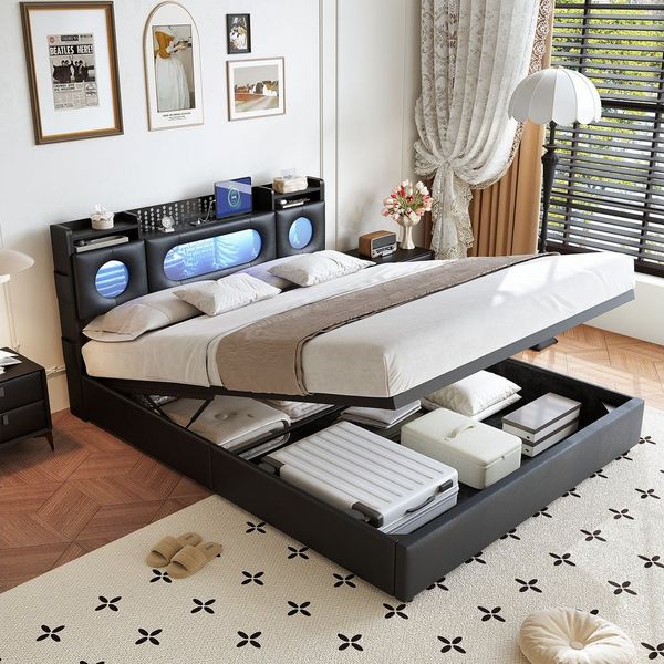 FUROKOY Stauraumbett Polsterbett Doppelbett mit LED-Beleuchtung (Aufklappbares Kopfteil mit Stauraum und Ladeanschluss), Hydraulikbett Funktionsbett, PU, Schwarz, 140x200cm