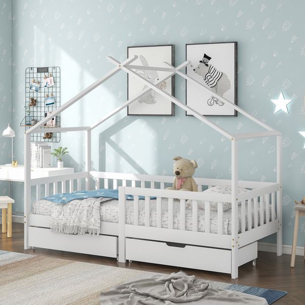 Kinderbett Hausbett 90x200 cm aus Kiefernholz mit 2 Schubladen, Rausfallschutz und Stauraum, Weiß, ohne Matratze