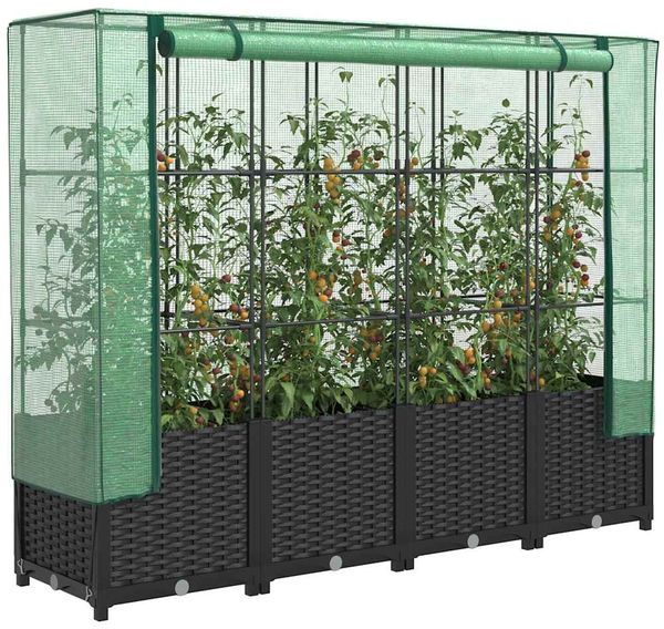 Hochbeet, Pflanzkasten, Blumenkasten mit Gewächshausabdeckung Rattanoptik 160x40x138 cm