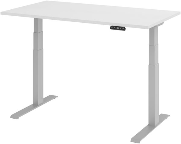 bümö elektrisch höhenverstellbarer Schreibtisch 140x80 cm in weiß, Gestell silber mit Memory-Steuerung, elektrischer Bürotisch höhenverstellbar Gaming Tisch, XDKB14-W-S