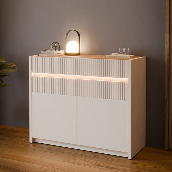 Forte OAK SQUERE Sideboard 100 105, elegantes Sideboard mit 2 Türen, Beleuchtung und Lamellendesign, Holzwerkstoff, Mauvella Eiche Holzdekor/Sand, 105,3 cm breit x 85,9 cm hoch x 41,5 cm tief