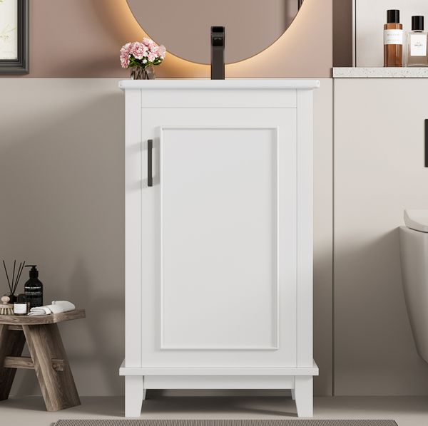 Freistehender Badezimmerschrank mit Waschbecken 51x34x83 cm, Weiß, Keramik & verstellbarem Regal