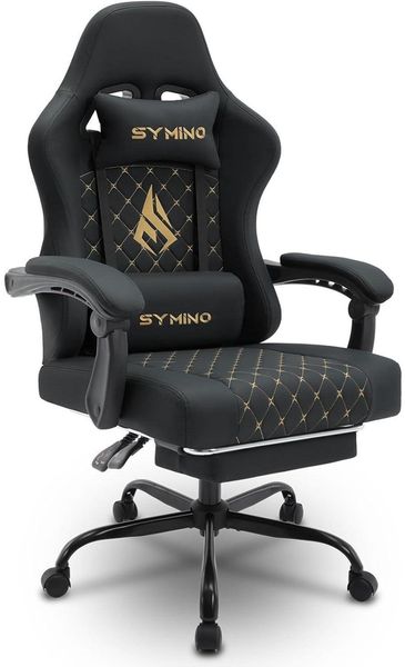 Symino Racing Gamer Stuhl mit Lendenwirbelstütze und Fußstütze, Stabil, Schwarz
