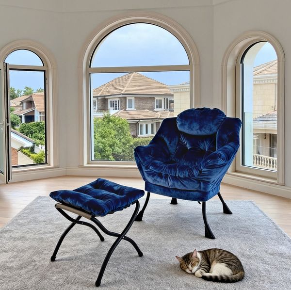 Sessel 72×62×96 mit Hocker – Relaxsessel mit Armlehnen, Seitentasche, Fußstütze, dunkelblau, aus Stoff und Metall