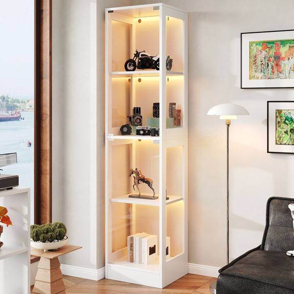 Merax 170 cm Einzeltür LED Vitrine, Gehärtetes Glas Sammlungsvitrine, App-gesteuertes LED-Licht, Vier Etagen Stauraum, Push-to-Open Tür, Weiß