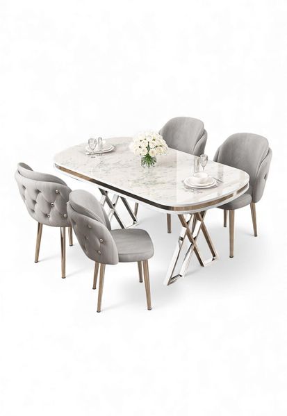 Modernes 5-teiliges Esszimmer-Set mit Tisch und Stühlen, weißer Marmor und Chrom, 100% lackierte Oberfläche, stilvolles und langlebiges Design