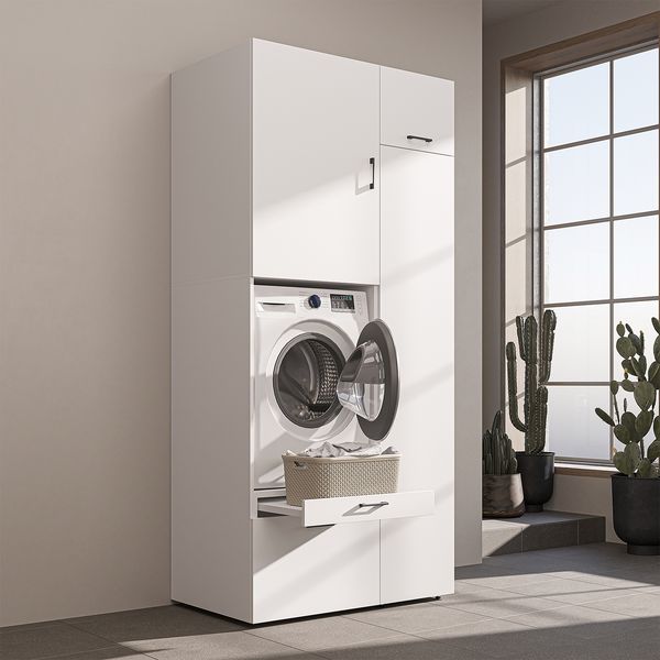 Roomart Waschmaschinenschrank mit Ausziehbrett, - SERIE 2 - 112 cm breit, Waschmaschinenüberbau für Waschmaschine & Trockner, Waschturm-Schrank mit Stauraum für Bad & Waschküche • Weiß