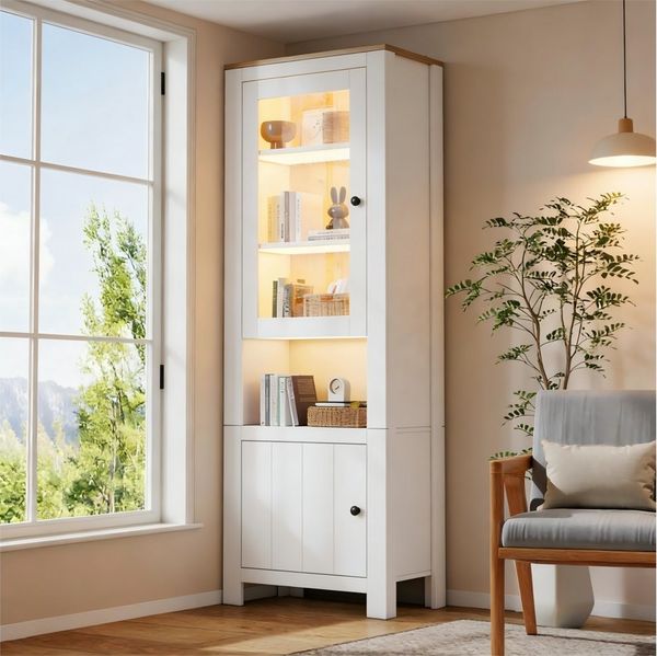 Merax Standvitrine Glasvitrine Hochschrank mit LED-Beleuchtung (1-St) Vitrine Wohnzimmerschrank mit 2 Türen und 6 Einlegeböden, 70 x 40 x 188 cm