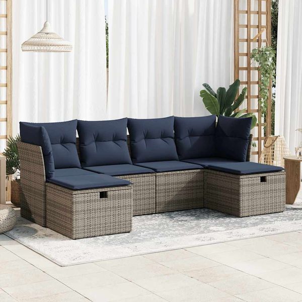 vidaXL 6-tlg. Garten-Sofagarnitur mit Kissen Grau Poly Rattan 3325327
