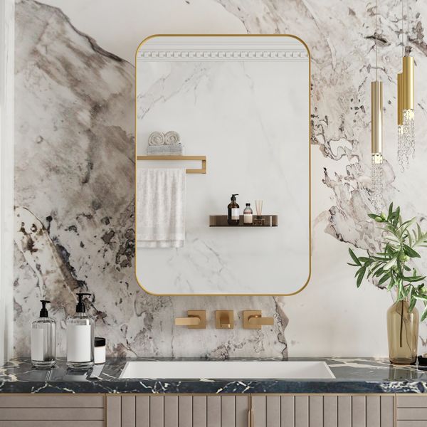 Flieks Spiegelschrank, Rechteckig - Einbauspiegelschrank mit verstellbaren Einlegeböden, 76 x 51 x 12 cm, Gold