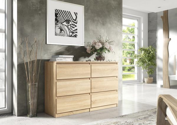 meble masztalerz Kommode Eiche-Sonoma mit 6 Schubladen 120 cm, Sideboard Wohnzimmer, Kommode Schlafzimmer H: 78,5cm, B: 120 cm, T: 39 cm, Kommode mit Schubladen, Schubladenschrank