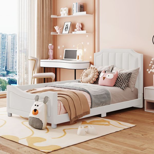 Kinderbett 90×200 cm mit abgerundeten Ecken und Lattenrost, Beige, ohne Matratze