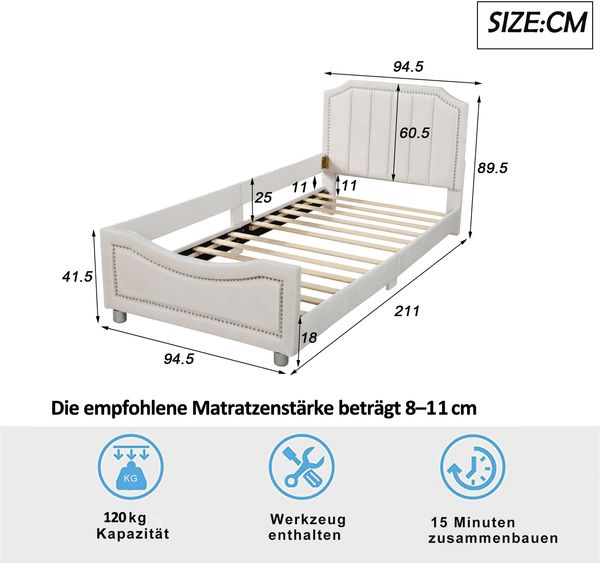 Kinderbett 90×200 cm mit abgerundeten Ecken und Lattenrost, Beige, ohne Matratze Bild 6