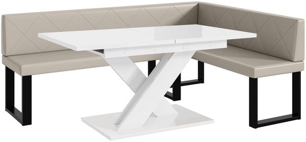 MEBLINI Eckbank für Esszimmer mit ausziehbarem Tisch - Küchenbank - Essecke - Sitzecke Küche - ERIC - U-Beine 142x196x87cm Rechts - Beige Kunstleder/B Weiß Hochgl.