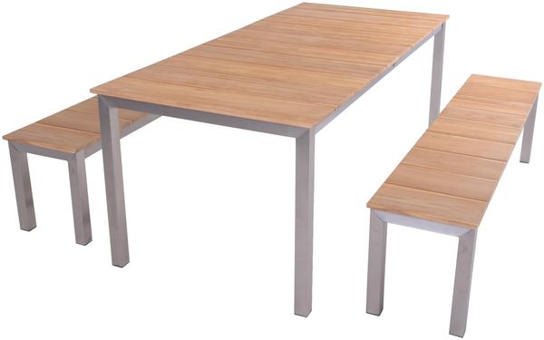 Garten-Sitzgruppe SOFIE 3-tlg. Teak Natur Edelstahl | Gartenmöbel-Set Gartengarnitur Garten-Essgruppe mit Stühlen und Esstisch