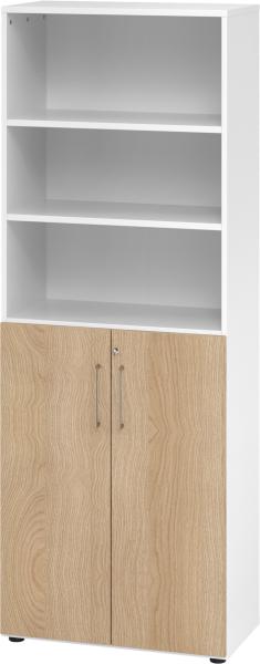 bümö Aktenregal & Schrank abschließbar, Büroschrank Regal Kombination Holz 80cm breit in Weiß/Eiche - abschließbarer Schrank für's Büro & Arbeitszimmer, Büro Möbel Ordnerschrank, 968T3-W-E-BS