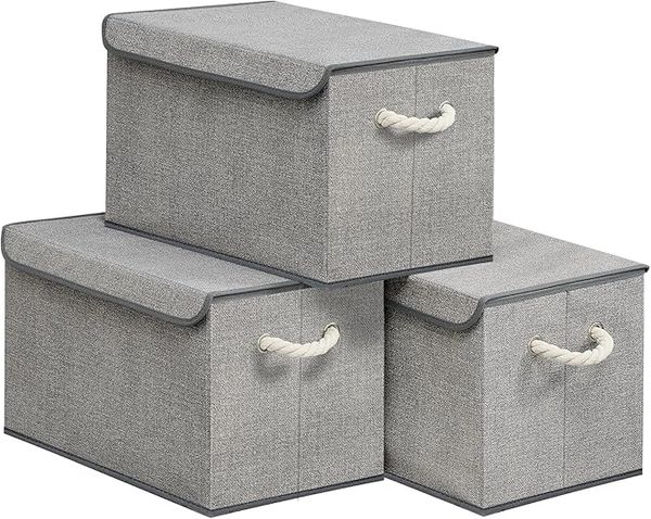 SONGMICS Aufbewahrungsbox mit Deckel, 3er Set, klappbar, Stoffboxen, Aufbewahrung, Organizer, für Kleiderschrank, Griffe, für Schlafzimmer, Wohnzimmer, 50 x 30 x 30 cm, taubengrau