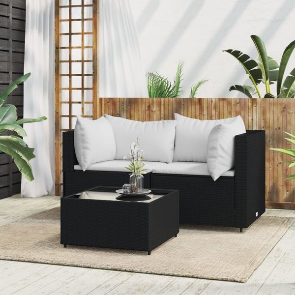 vidaXL 3-tlg. Garten-Lounge-Set mit Kissen Schwarz Poly Rattan 319731