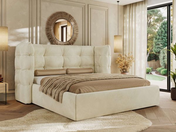 Polsterbett FLONELLE CLASSIC 200 x 200 cm mit Stauraum, Federholzlattenrost, Massivholzrahmen, gestepptes Kopfteil Gasdruckfeder Schlafzimmerbett Foam Matratze - Creme Samt - MIRO LUX