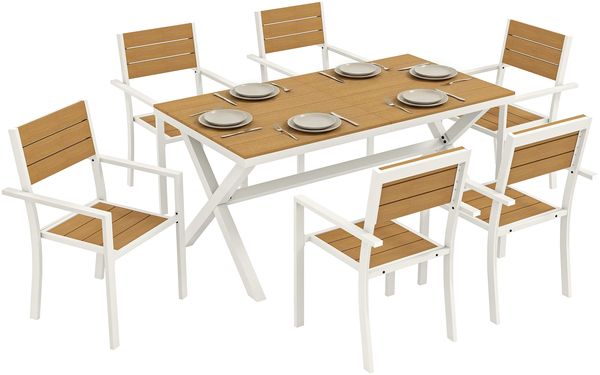Gartenmöbel Set Sitzgruppe 7-teilig Tisch mit 6 stapelbare Stühlen Holzoptik Aluminiumrahmen Teak