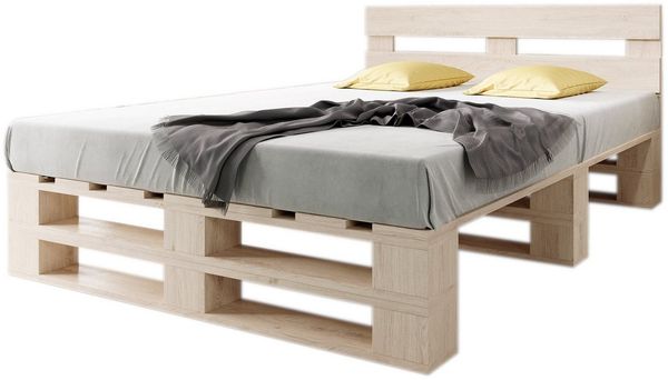 sunnypillow Palettenbett M2 aus Holz 140x200 cm mit Kopfteil und 2 Bettkästen. Doppelbett, Familienbett - erhöhtes Ehebett Bettgestell Futonbett Komforthöhe Naturholz Massivholzbett