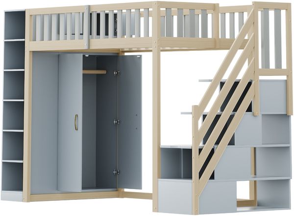 Hochbett 90x200 cm aus Holzmaterial mit Kleiderschrank, Regalen, Sicherheitsleiter und Stauraum, ohne Matratze Bild 6