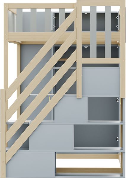 Hochbett 90x200 cm aus Holzmaterial mit Kleiderschrank, Regalen, Sicherheitsleiter und Stauraum, ohne Matratze Bild 9