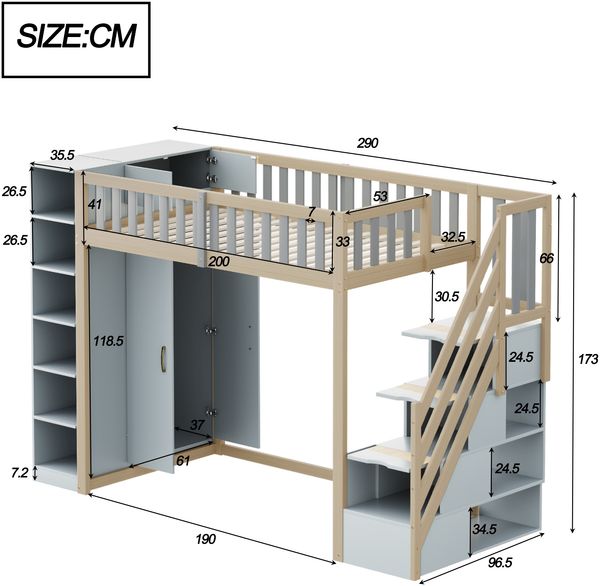 Hochbett 90x200 cm aus Holzmaterial mit Kleiderschrank, Regalen, Sicherheitsleiter und Stauraum, ohne Matratze Bild 5