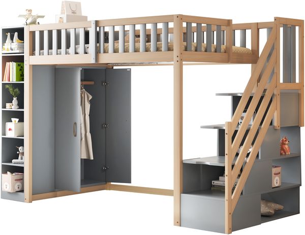 Hochbett 90x200 cm aus Holzmaterial mit Kleiderschrank, Regalen, Sicherheitsleiter und Stauraum, ohne Matratze Bild 7