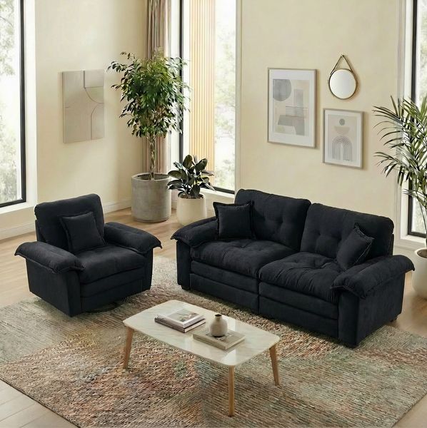 Sofa-Set aus Einzelsofa und Zweisitzsofa 96cm×301cm×90,1cm mit Chenille-Bezug, Kissen und stabilem Rahmen