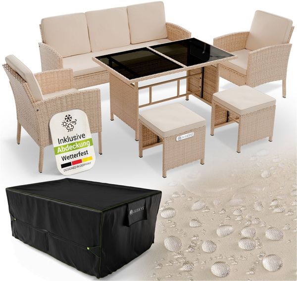 Juskys Polyrattan Gartenmöbel Sitzgruppe Turin Set 6 teilig inkl. Abdeckung - 7 Personen - Outdoor Möbel mit Sessel, Hocker, Tisch & Kissen - Garten Loungemöbel Creme / Sand