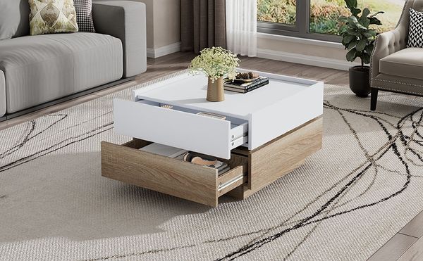 MODFU Couchtisch 360° drehbare Tischplatte (Satztisch, Wohnzimmertisch Beistelltisch, Wohnzimmertisch, 1-St, 2 Schubladen, 60*60*38cm), mit Gleitschienendesign