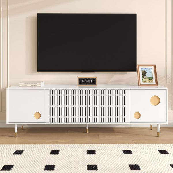 Ball & Cast TV Schrank (170×36×54cm) mit Gitterstruktur und Golddekor, Fernseher Tisch mit 2 Türen, Bequeme Montage, Weiß