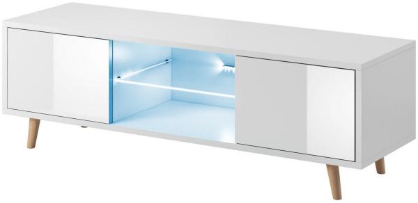 Domando Lowboard Terni M1 Modern für Wohnzimmer Breite 140cm, Holzfüße, Hochglanz, LED Beleuchtung in blau, Weiß Matt und Weiß Hochglanz