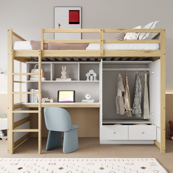 Hochbett aus Holz mit Schreibtisch, Kleiderschrank & Schubladen, 90x200 cm, Naturholz, ohne Matratze