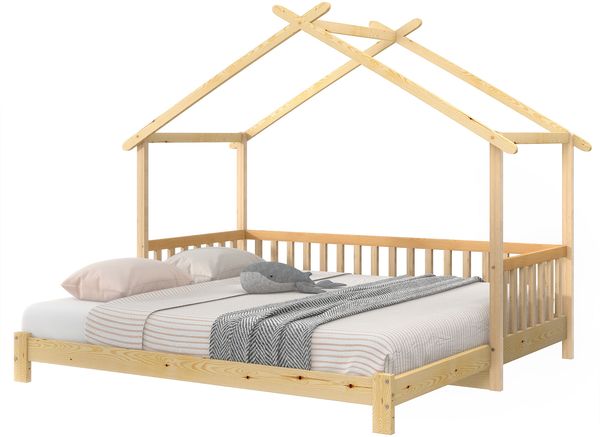Ausziehbares Hausbett 90/180×200 cm mit Rausfallschutz, Massivholz Kiefer, Natur, ohne Matratze Bild 8