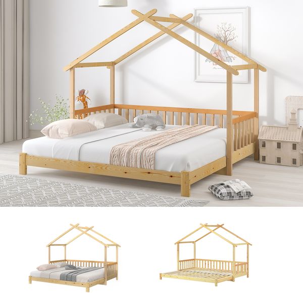 Ausziehbares Hausbett 90/180×200 cm mit Rausfallschutz, Massivholz Kiefer, Natur, ohne Matratze Bild 5