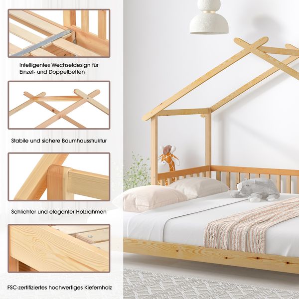 Ausziehbares Hausbett 90/180×200 cm mit Rausfallschutz, Massivholz Kiefer, Natur, ohne Matratze Bild 6