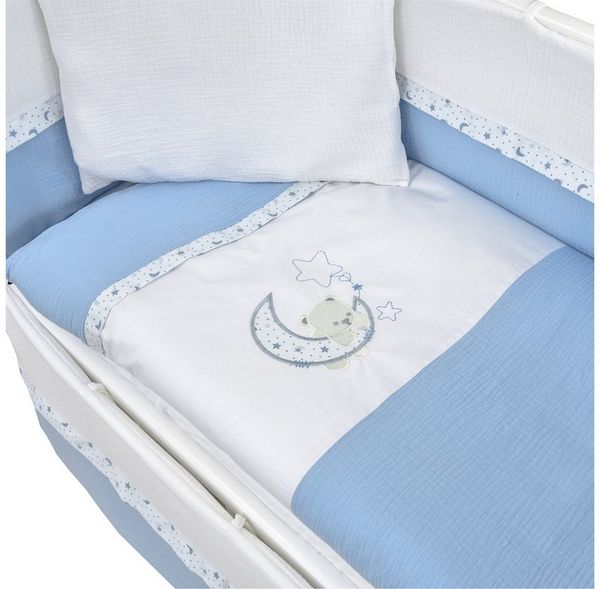 Baby-Delux Beistellbett Babybett Musselin Teddy Mond Blau, Stillbett 90x40 weiß höhenverstellbar, Matratze inkl. komplett Set