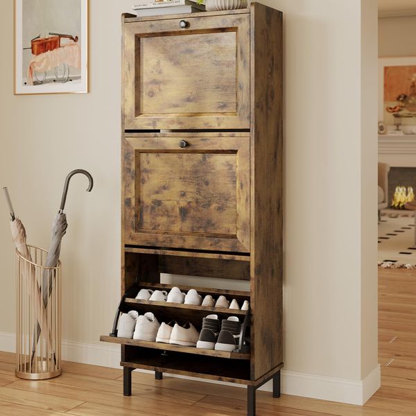 Bealife Schuhregal mit 3 Klapptüren, doppelte Tiefe, schmaler Organizer für den Eingang, 50 x 118 x 24 cm, für Flur, Schlafzimmer (Retro)