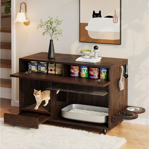 Flieks Mehrzweckschrank bewegbar Katzenkloschrank mit Futternäpfe und Sandauffangschale (100×45,5×67 cm, 1-St) Katzentoilettenschrank mit Rollen, Acryltür und Lochplatte Holzoptik