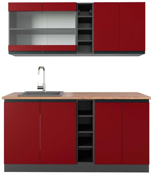 Singleküche R-Line Rot/Anthrazit 160 cm J-Shape, AP Eiche Vicco