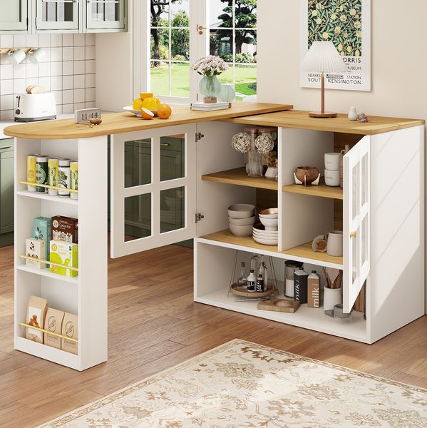 Ausziehbarer Stehtisch 138–204 cm, drehbares Weiß Sideboard mit Glas-Schranktüren und Metallgriffen, Buffet, Kommode, Anrichte, 102.5cmx138-204cmx39cm