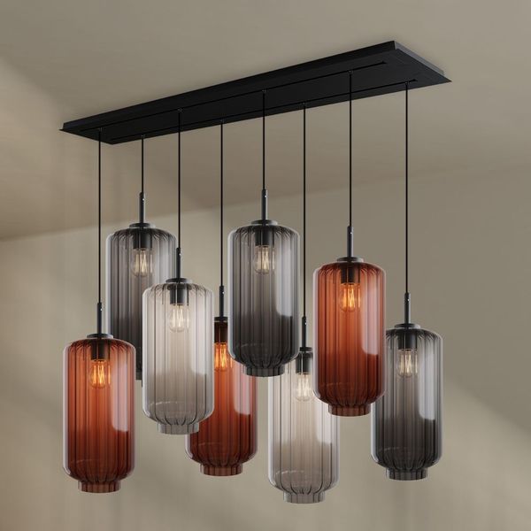 s.luce Velo Esstischlampe 8-flammig 160cm 2-reihig Ø 18cm Braun, Klar, Rauch