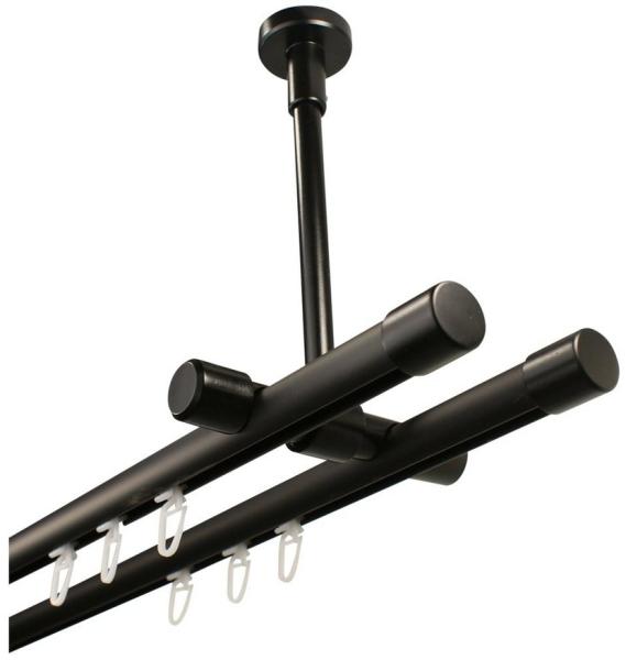 iso-design Gardinenstange Innenlauf 2-läufig schwarz Deckenmontage Endstücke Kappe, Ø 20 mm, 2-läufig, Fixmaß, mit Bohren, Metall, Deckenabstand durch Kürzung einstellbar zwischen 7 cm und 19 cm