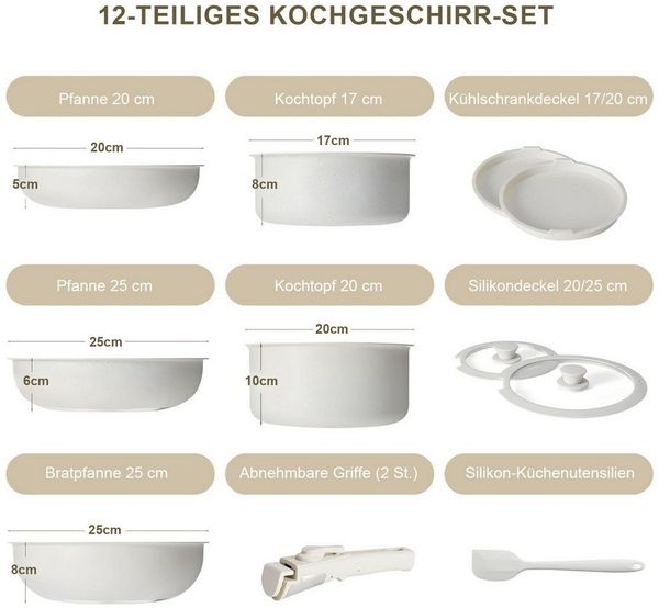 HEYHIPPO Topf-Set 12-tlg. Kochset in Creme, antihaft & stapelbar, Griffe abnehmbar, Aluminium (12-teiliges Kochgeschirr-Set, Fünf Töpfe, vier Deckel, zwei Griffe und ein Silikonspatel), Schnelle Wärmeleitung,Sichtdeckel und Silikonspatel,leicht zu rein...