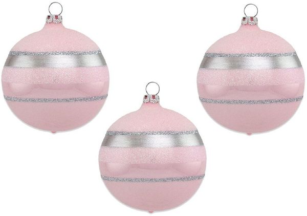 Thüringer Glasdesign Weihnachtsbaumkugel Ø 8 cm - Glitterstreifen Rosa Opal (3 St), aus Glas