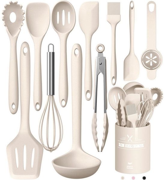 MODFU Kochbesteck-Set 12-teiliges Silikon Kochutensilien Kochbesteck Set (Silikonspatel Kochgeschirr Set mit Utensilienhalter, 12-tlg, Hitzebeständig, antihaftbeschichtet, BPA-freie Utensilien), Einteiliges Design und Leicht zu reinigen