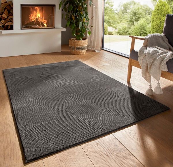 TaCa Home Teppich Kurzflor Teppich Hasenfell Optik, rechteckig, Höhe: 10 mm, Wohnzimmer, Kinderzimmer, Esszimmer, Wellen Anthrazit - 240x340 cm